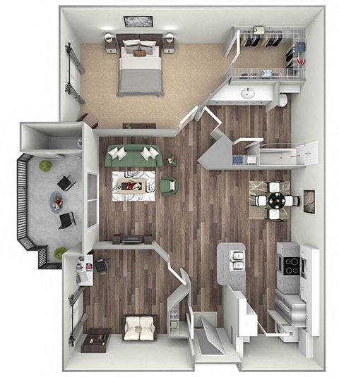 Willow Springs Apartments floor plan A3 Aventene 1 bed 1 bath 3D
